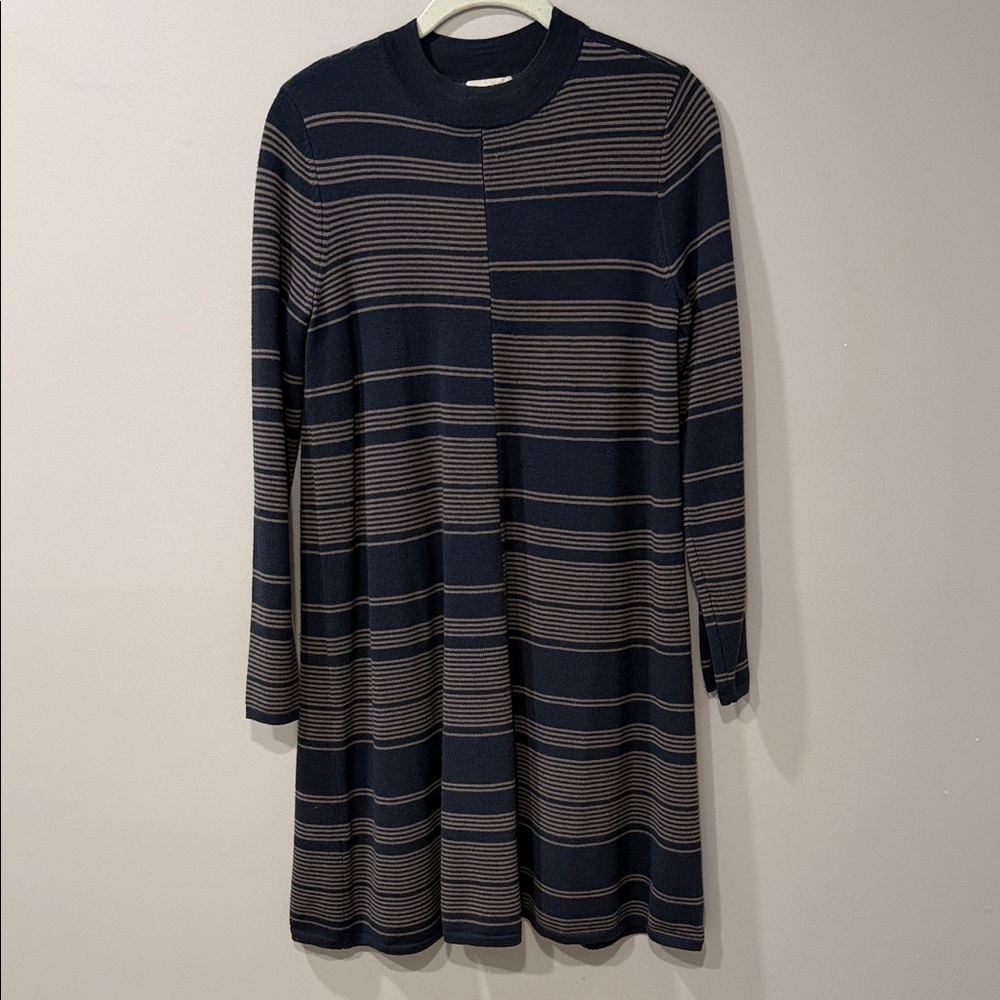 Garnet Hill Navy and Beige Striped Long Sleeve Dress